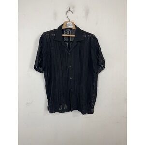 Forever 21 Men Black Crochet Knit Button Down Shirt Camp Collar XL Cotton
